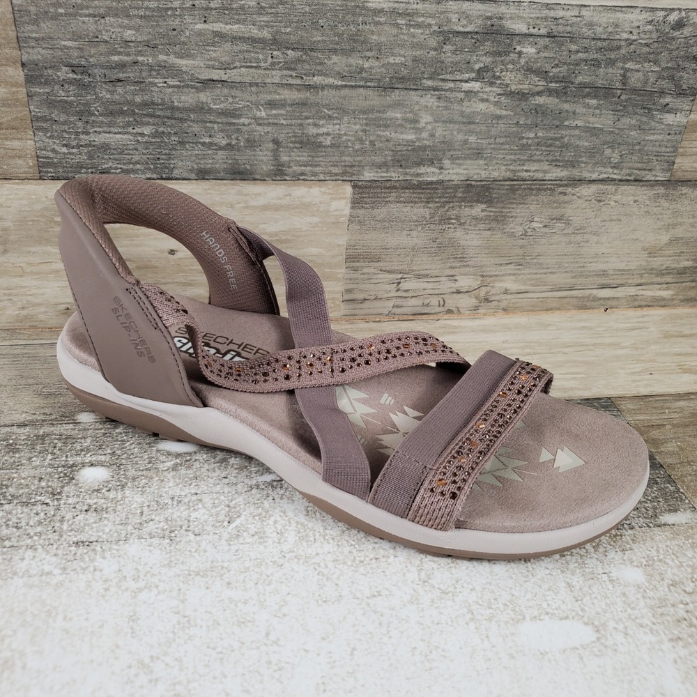Skechers Slip-ins Reggae Slim Womens Sz 8 Mocha Rhinestone Strappy Comfort
